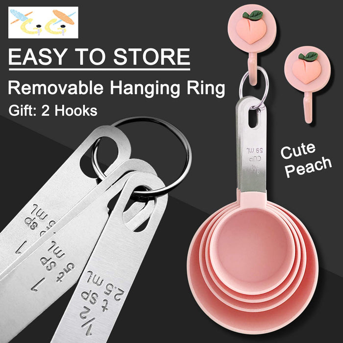 XGiGiX Cute Pink Measuring Cups and Measuring Spoons Set of 8pcs, Stainless Steel Handle ?Convenient and Practical?Included 2 Pcs Peach Hook Up.