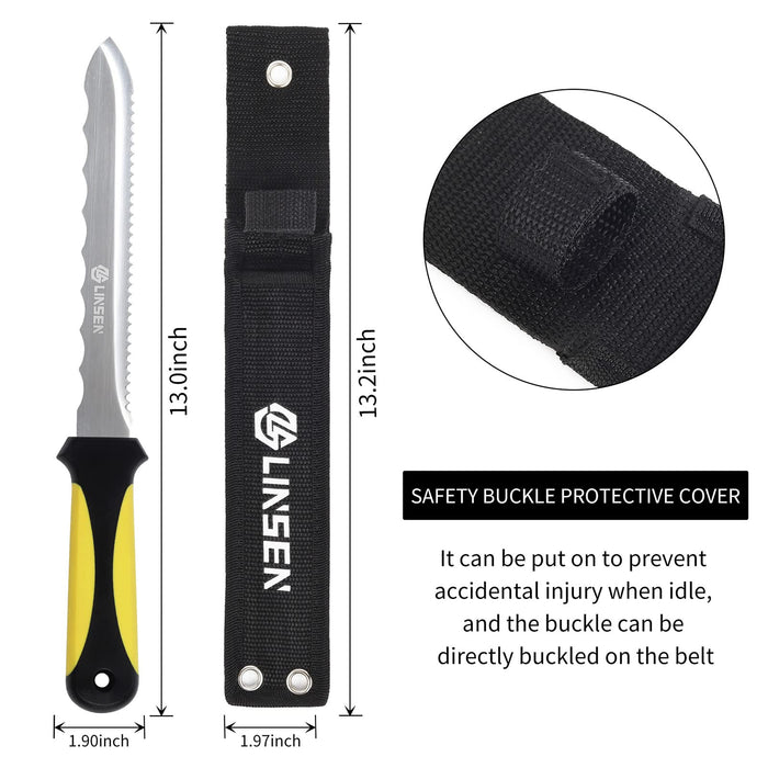 Linsen-Outdoor Stainless Steel Garden Knife with 7.8" Blade with Yellow Handle, Double Side Utility Sod Cutter Lawn Repair Garden Knife with Nylon Sheath