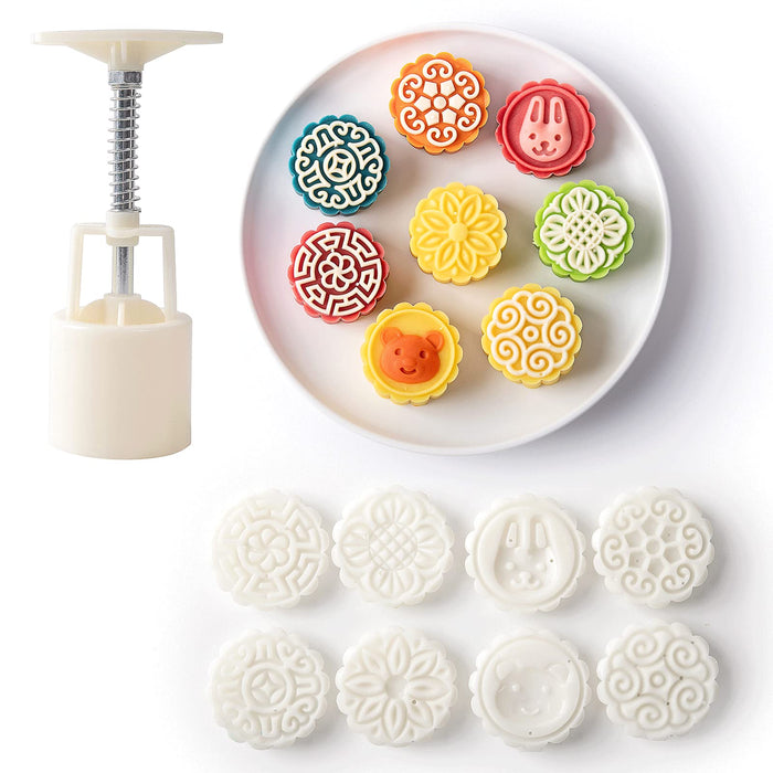Cake Mold 6 Pcs, Mid Autumn Festival DIY Hand Press Cookie Stamps Pastry Tool Moon Cake Maker, Flower Mode Patterns 1 Mold 6 Stamps 50g (White)