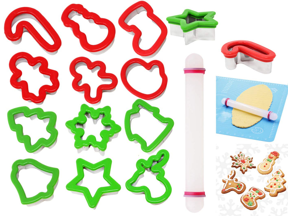 JOYIN 13 Pcs Stainless Steel Christmas Cookie Cutters with Comfort Grip 3.5í plus a Rolling Pin for Large Holiday Cookies