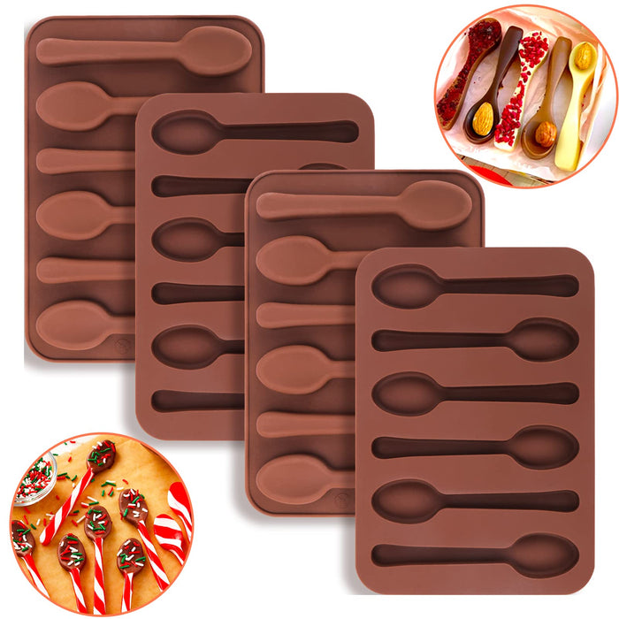 Palksky Hot Chocolate Spoon Molds, 4 Pcs Mini Silicone Hot Cocoa Bombs Candy Canes Molds, 6 Cavity Homemade Edible Spoons Baking Mold