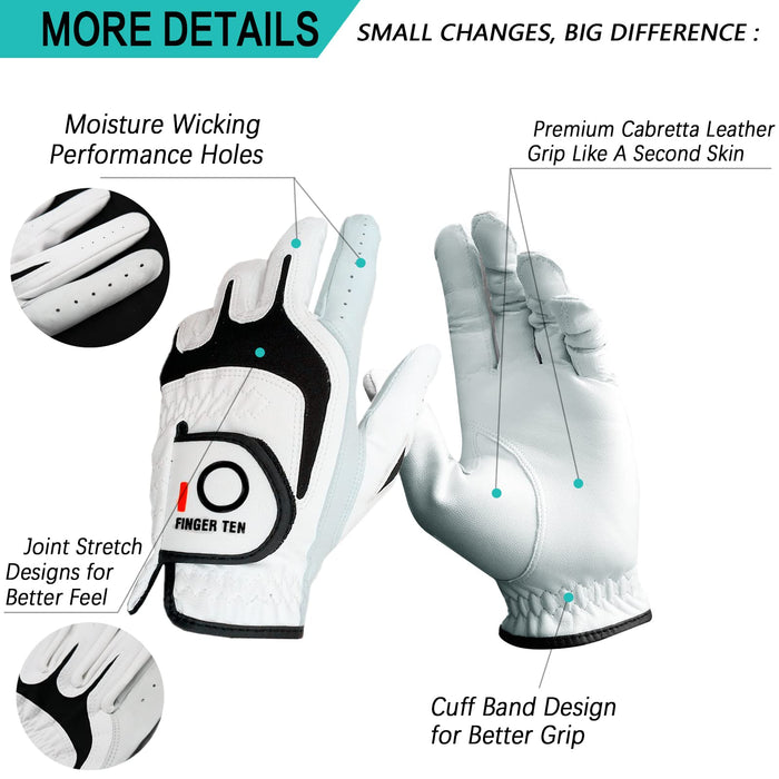 FINGER TEN Mens All Weather Cabretta Synthetic Leather Natural Fit Velcro Durable Left Hand Lh Right Hand Rh Golf Glove Value 3 6 Pack
