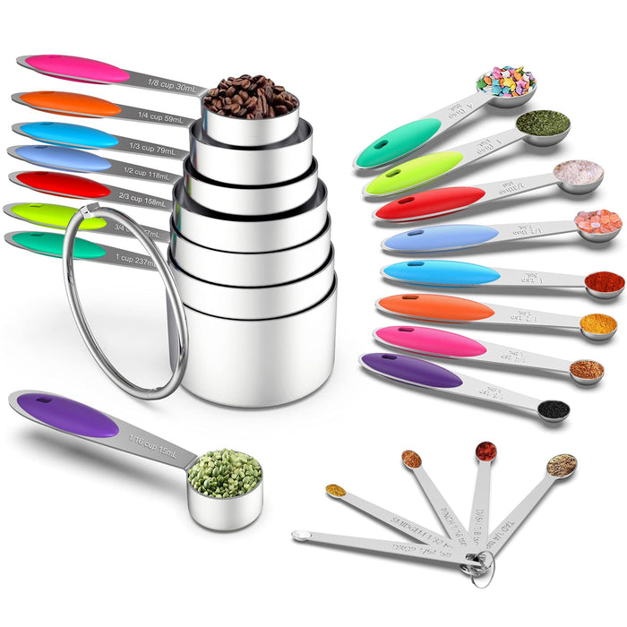 Measuring Cups and Spoons Set Stainless Steel 7 Stackable Measuring Cups 8 Nesting Measuring Spoons and 1 Leveler for Dry and Liquid Ingredients