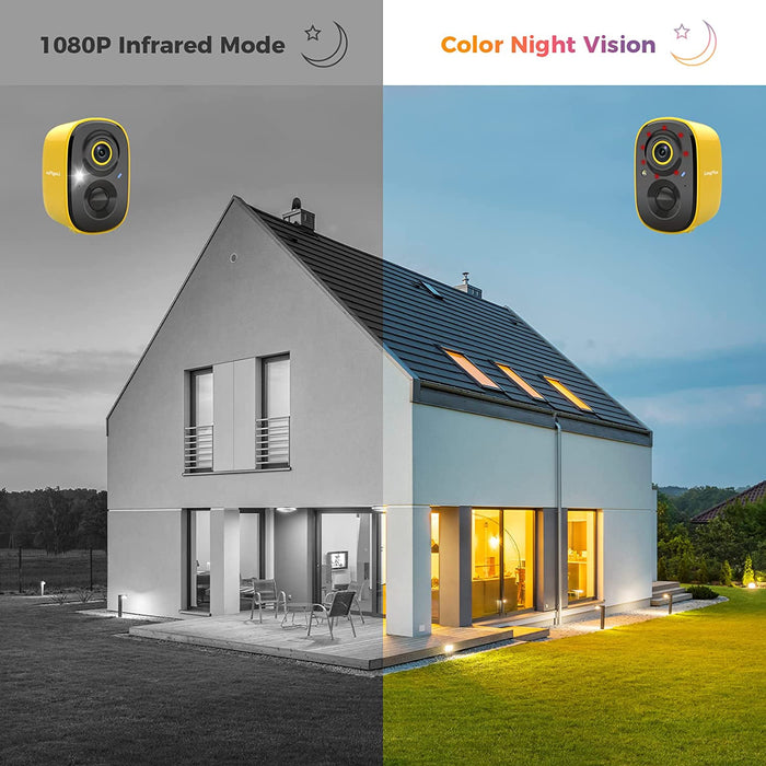 LongPlus Wireless Outdoor Security Camera, Battery Powered Cameras for Home Security Wireless WiFi with Night Vision, Motion Detection,Siren Alarm,Spotlight,2Way Audio (Yellow)