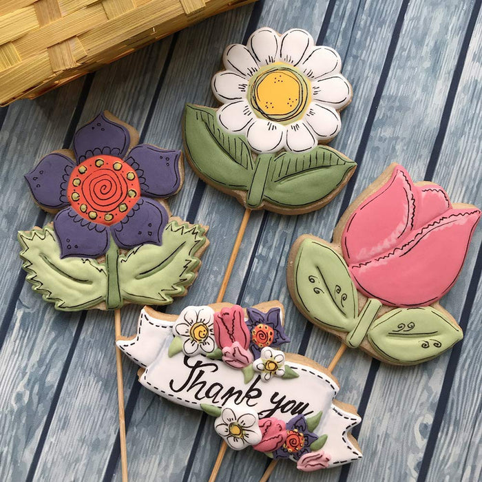 LILIAO Flowers Cookie Cutter Set - 4 Piece - Tulip, Daisy Flower, Kapok and Plaque Biscuit Fondant Cutter - Stainless Steel