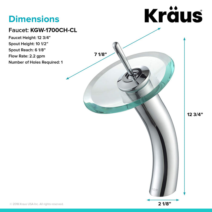 Kraus KGW-1700CH-CL Single Lever Vessel Glass Waterfall Bathroom Faucet Chrome with Clear Glass Disk