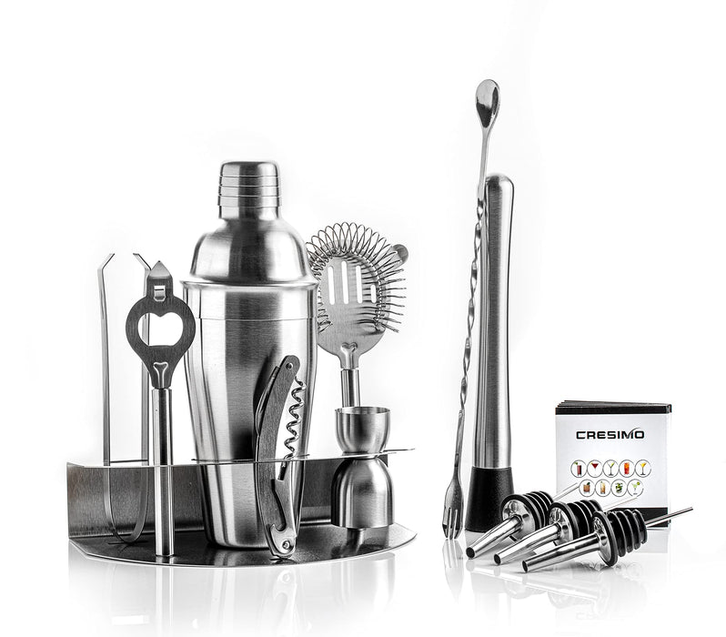 Cocktail Shaker Set With Stand- 12 Piece Stainless Steel Bar Tool Set With 18oz Martini Shaker, Jigger, Bar Spoon, and Muddler