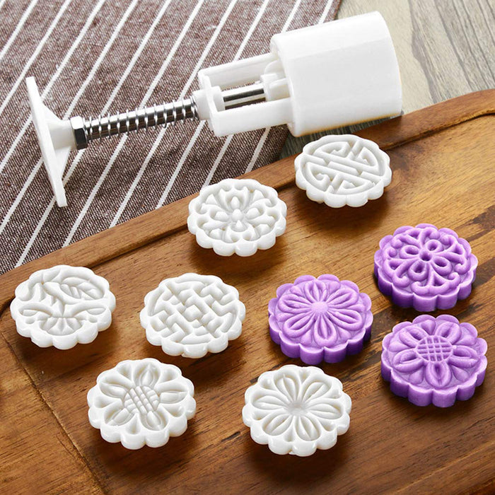 100g Mooncake Mold 4 Flowers Stamps Round Barrel Hand Press Moon Cake  Pastry DIY