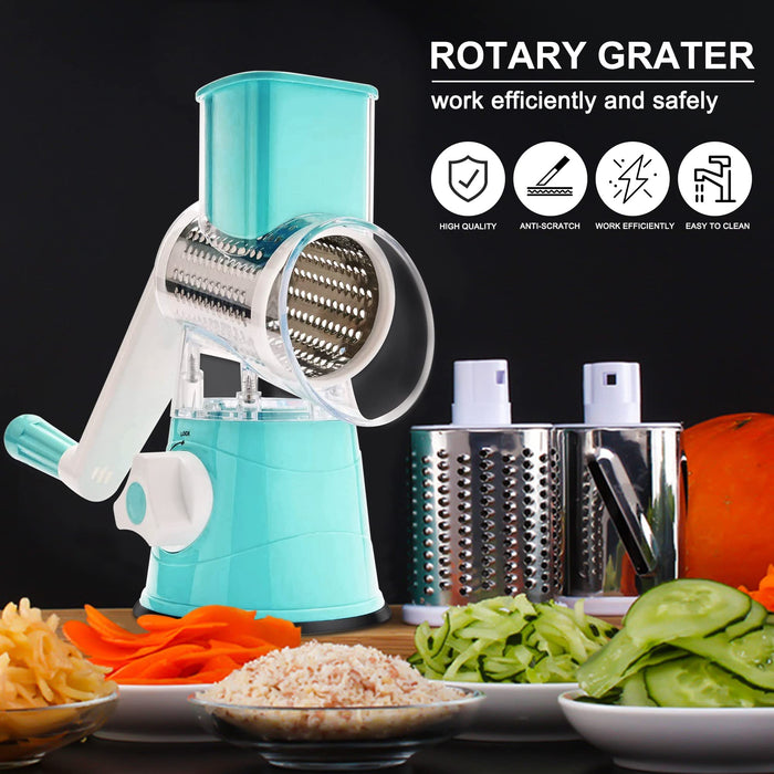 Manual Rotary Cheese Grater Round Vegetable Potato Carrot 3 Interchangeable Cheese Grater Mandoline Slicer with Strong Suction