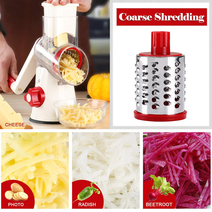 Ourokhome Manual Rotary Cheese Grater - Round Tumbling Box Shredder for  Vegetable, Nuts, Potato with Peeler and Brush (Red) 
