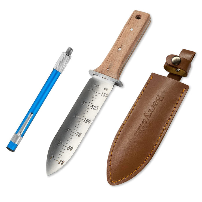 Berry&Bird Hori Hori Garden Knife, Gardening Knife with 7" Stainless Steel Serrated Blade, Japanese Gardening Tool with Leather Sheath and Sharpening Stone for Weeding, Digging, Cutting & Planting