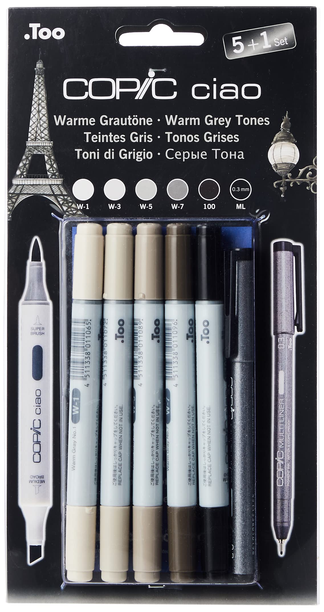  Copic Sketch Alcohol Marker 5 Colors + Multiliner SP Set,  Sketching Grays