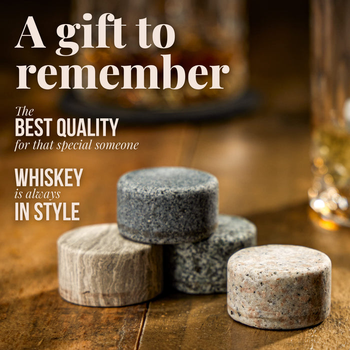 Mixology & Craft Whiskey Stones Set - 6 Circular Granite Bourbon Chilling Rocks - Great Whiskey s for Men, Fathers, Groomsmen