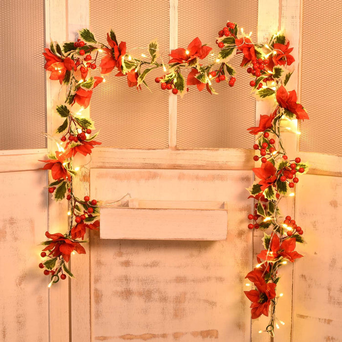 DearHouse 6FT Berry Christmas Garland with Poinsettia Berries Winter Artificial Greenery Garland and 30 LED Light for Holiday Season Mantel Fireplace Table Runner Centerpiece Year Decoration
