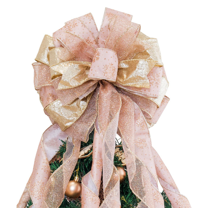 Christmas Tree Topper, 32x12 inch Large Toppers Single Sided Bow with Glitter Satin Mesh Streamer, Rose Gold Christmas Tree Topper for Christmas Home Decoration (Rose Gold)