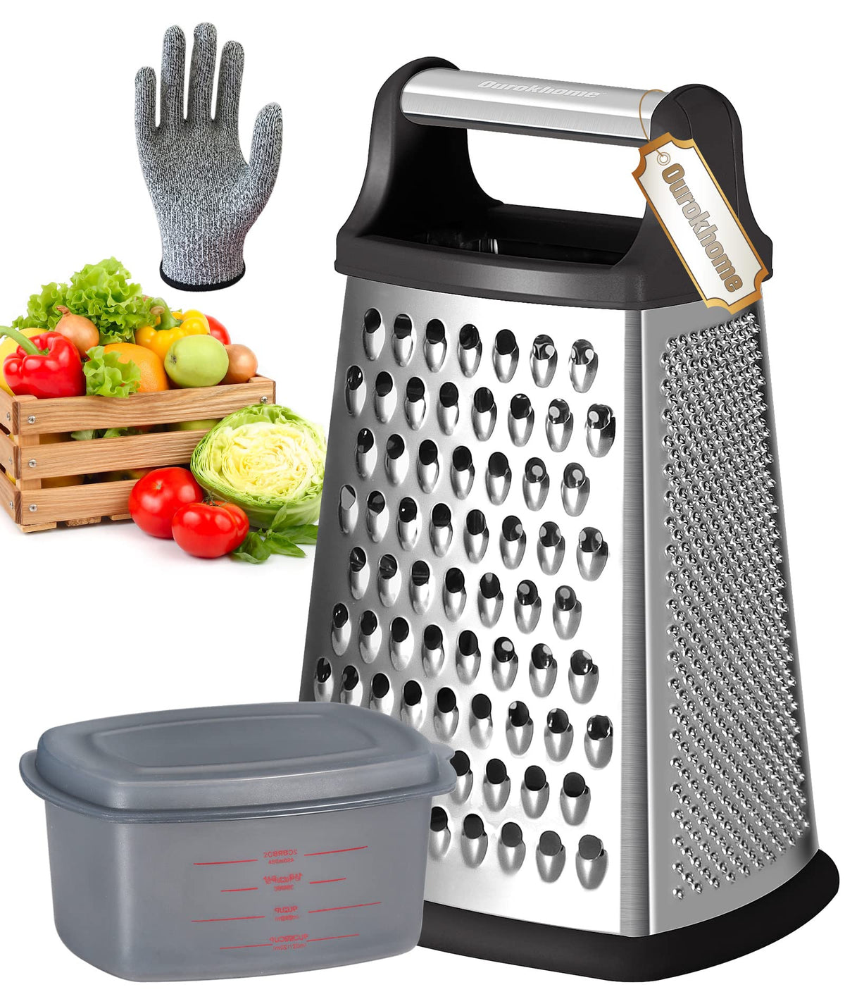  Spring Chef Professional Cheese Grater With Storage Container,  Stainless Steel & Soft Grip Handle, 4 Sided Handheld Kitchen Food Shredder  Best Box Grater for Parmesan, Vegetables, Ginger, 10 Black: Home 