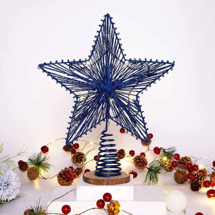 Christmas Tree Topper Star 10 inch Blue Glittering Hollow Wire Star Topper with Warm White LED Light, for Home Festive Party Holiday Decoration Fit for General Size Xmas Tree