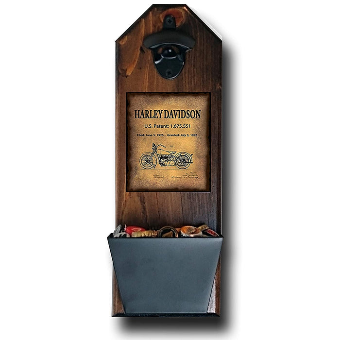 Harley Davidson Inspired - Motorcycle Patent of Vintage Bike Wall Mounted Bottle Opener and Cap Catcher - Made of 100% Solid Pine