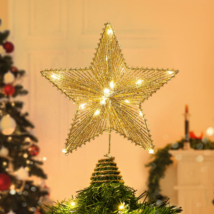 Shinowa Christmas Tree Topper, Christmas Star Tree Topper 11.8 Inch with 20 LED Beaded, Battery Operated Tree Toppers Christmas Decorations for Christmas Tree Xmas Home Decoration, Gold
