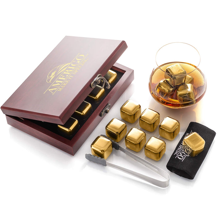 Amerigo Gold Stainless Steel Whiskey Stones Set in Beautiful Wooden Box - Reusable Ice Cubes for Drinks - Bar Accessories