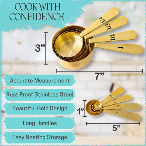 Measuring Cups and Spoons Set 8 Piece. Includes 4 Gold Easy to