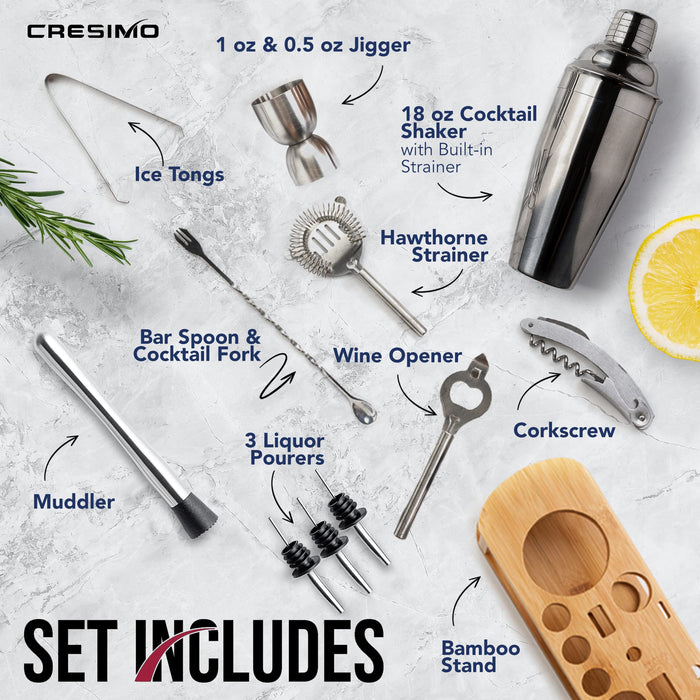 Mixology Bartenders Kit: 12-Piece Bar Tool Set with Modern Bamboo Stand - Ultimate Home Bartenders Kit & Martini Cocktail Shaker