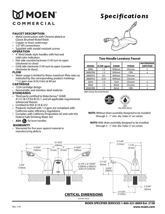 Moen Commercial M-Bition Chrome 4-Inch Two-Handle Centerset Lavatory Faucet 1.5 gpm, 8800