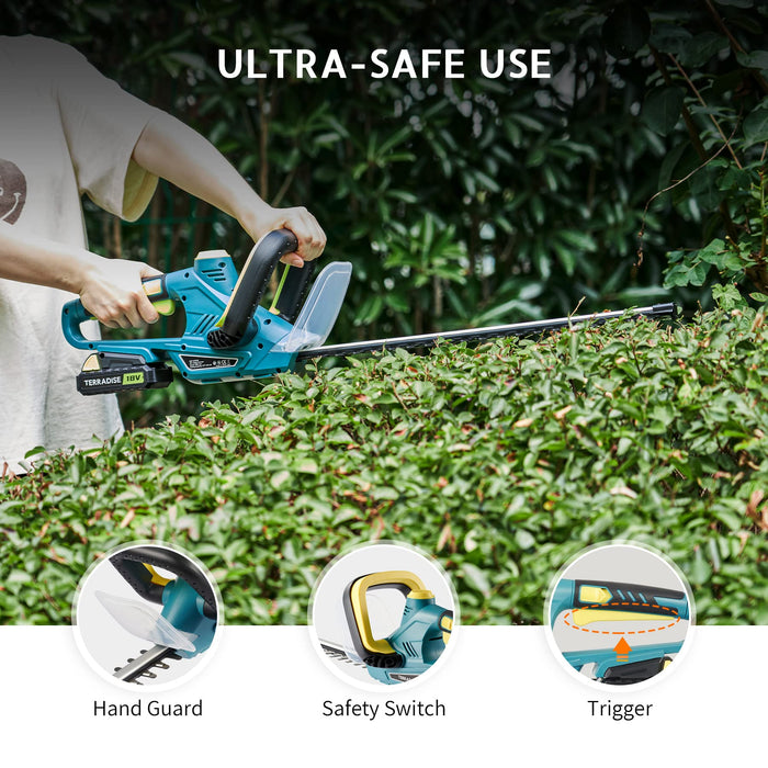 TERRADISE Cordless Hedge Trimmer with 2000mAh Battery Pack and Charger, Gardening Tool for Brush and Hedge Trimming, Electric Bush Cutter with 20" Dual Action Blades for Tree Branches Shrubs More