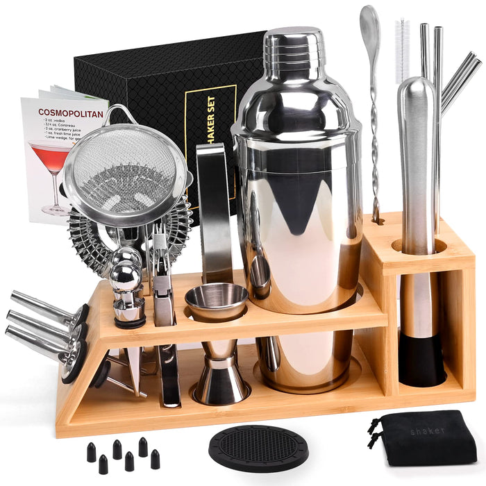 28Pcs Cocktail Shaker Set Bartenders Kit with Bamboo Stand, Stainless Steel Martini Shaker and Jigger, Bartenders Bar Tool Set
