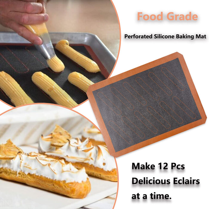Perforated Silicone Baking Mats, 2 PCS Eclair Silicone Mat for Half Sheet with 12 Printed Oblong Eclair Guides, Non-Stick Reusable Oven Liners for Making Bread/Pizza/Pastry/Cookie 11-4/5" x 15-3/4"