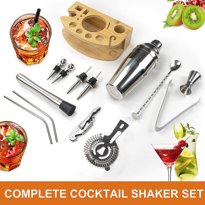 Cocktail Shaker Set Bartenders Kit 13 Piece, Cocktail Kit Bar Set, Shaker Cocktail Kit with Bamboo Stand, Mixing Spoon, Muddler
