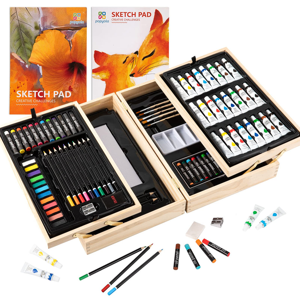 POPYOLA Art Supplies, Deluxe Wood Art Set for Artist, Various Painting Supplies, Including Crayons, Colored Pencils, Oil Past