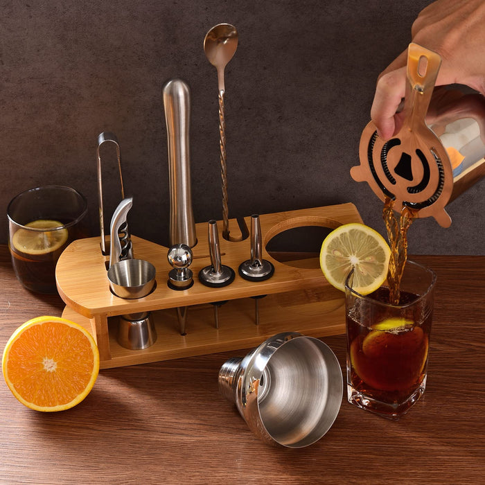 Cocktail Shaker Set Bartenders Kit : 12-Piece Bar Tool Set with Bamboo Stand | Bar Set with All Practical Bar Accessories