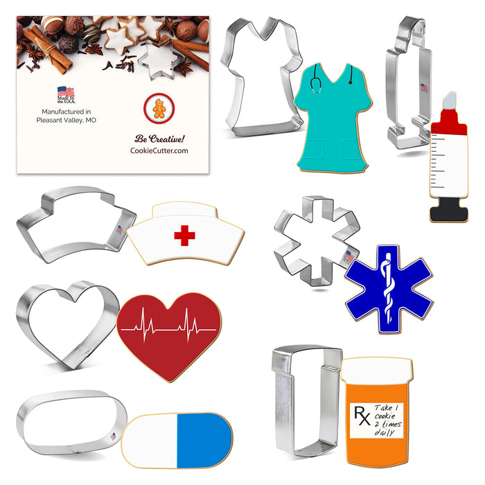 Foose Cookie Cutter 7 Piece Nurse Themed Cookie Cutter Set with Recipe Card, Made in USA