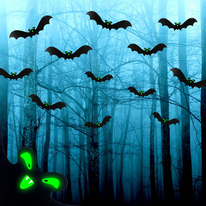 Halloween Hanging Bats Decorations-12Pcs 3 Sizes Realistic Plastic Scary  Bat With Glowing Eyes And Fishing Line, For Home Decor