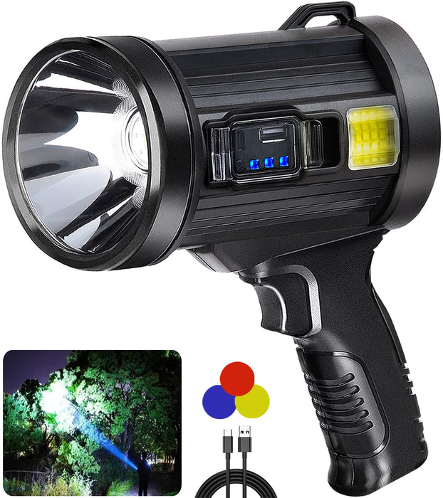 Rechargeable Spotlight Flashlight, Super Bright 150000 Lumens Spotlight with 3 Main Modes and 4 Colors Filter, Led Spot Lights Outdoor Handheld Included USB Cable, for Boating Hunting Camping