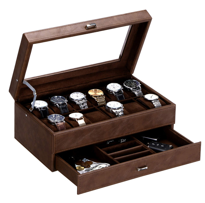 BEWISHOME Watch Box for Men Luxury Watch Organizer Faux Leather Watch Case with Jewelry Drawer, Real Top, Metal Hinge, Brown