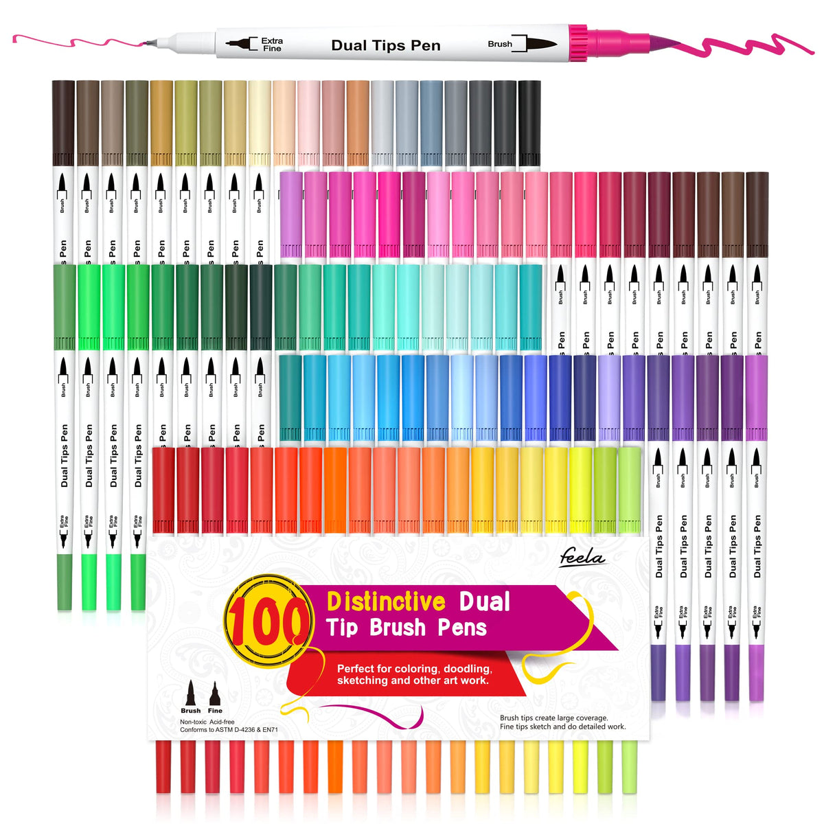 feela 100 Colors Dual Tip Brush Pens with Fineliners Art Markers