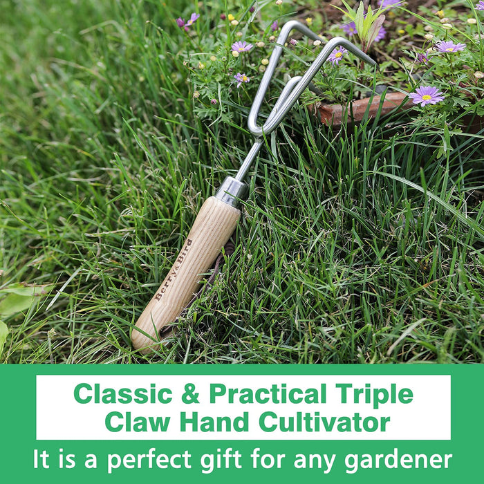 Berry&Bird Garden Hand Cultivator, Stainless Steel Handheld Triple Claw Hand Rake with Ergonomic Wooden Handle and Leather Strap, Heavy Duty Garden Tilling Tool for Weeding, Turning Soil, Cultivating