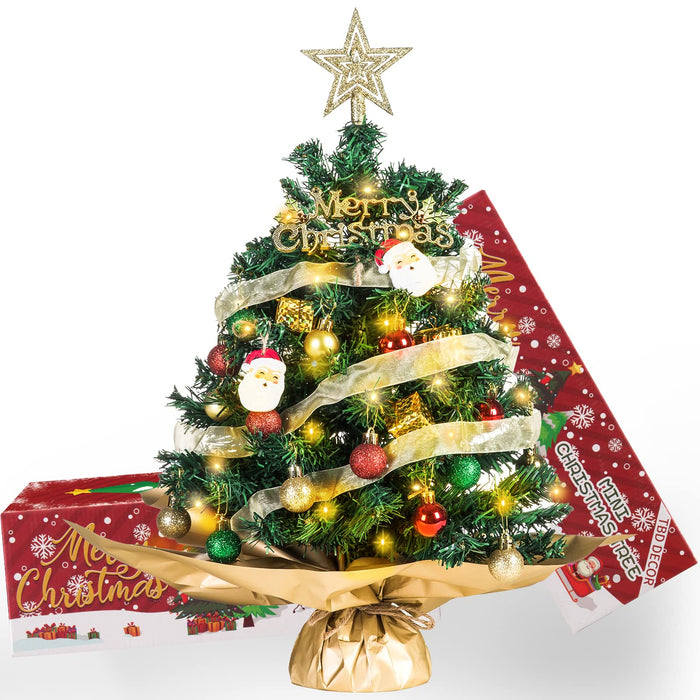 20" Mini Christmas Tree, Artificial Mini Christmas Tree With Lights, Tabletop Christmas Tree With Star Treetop Pinecones  Box