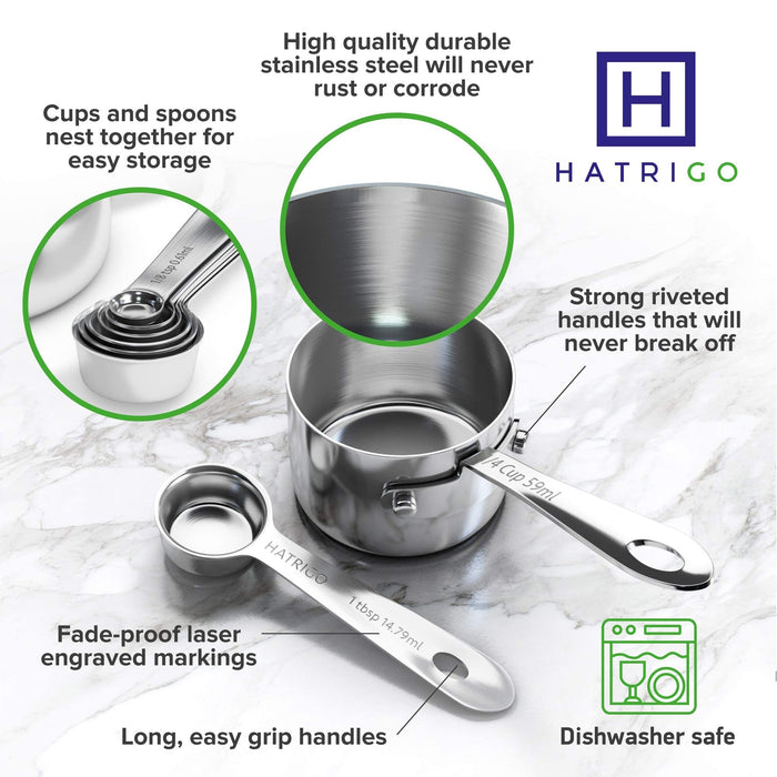 Heavy Duty Professional 10-pc Stainless Steel Measuring Cups and Spoons Set  with Riveted Handles, Polished Stackable Measuring Cup and Measuring