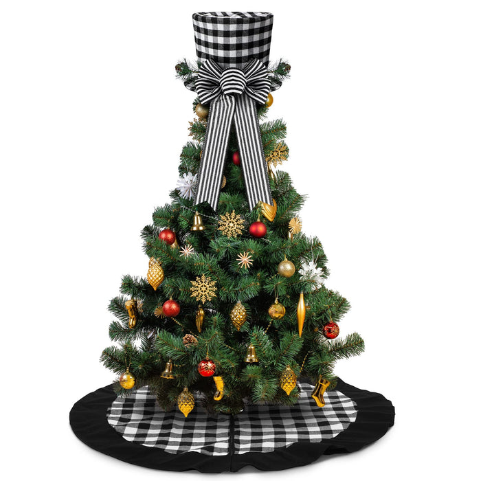 Christmas Tree Topper Hat Christmas Plaid Tree Skirt Collapsible Xmas Tree Topper Decoration Buffalo Check Christmas Tree Skirt for Xmas Holiday Decorations (Black and White)