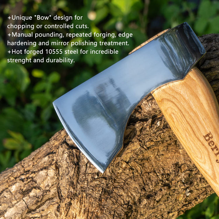 Berry&Bird Camping Axe, 12.5’’ Small Axe Hatchet with Wooden Short Handle & Leather Sheath Mini Hand Axes for Cutting & Splitting Forged Carbon Steel Blade Outdoor Manual Tool