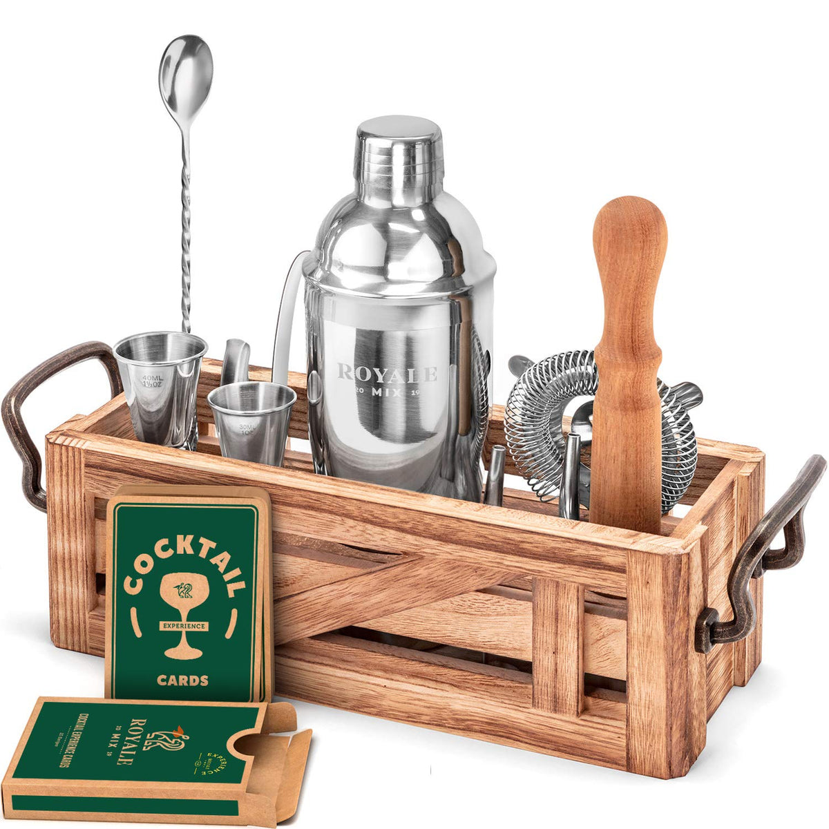 True Ultimate 14 Piece Barware Set with Wooden Stand, Bar Tools and Mixing  Glass, Craft Perfect Cocktails at Home, Essential Bar Tools, 14-Piece, Wood