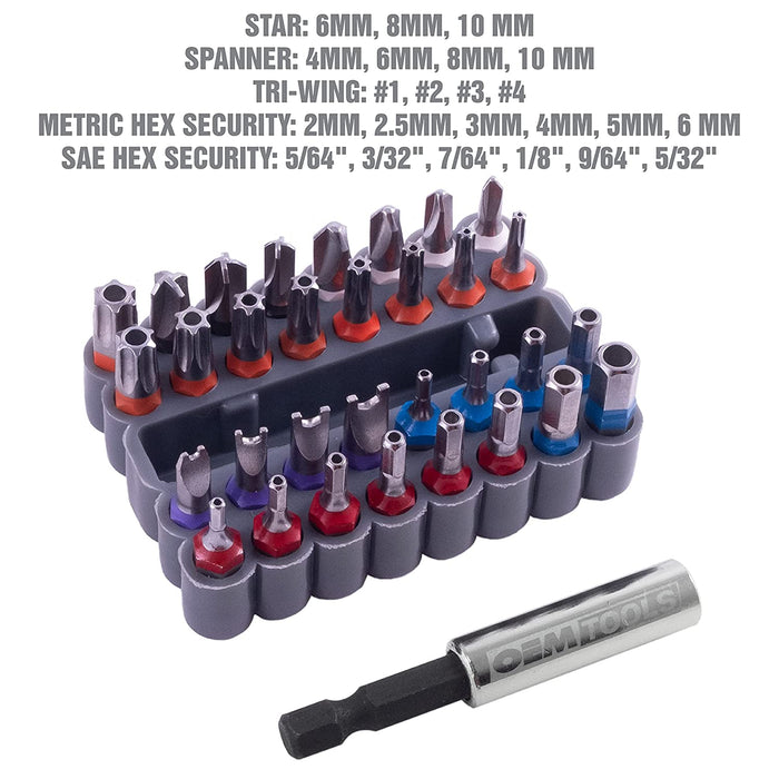 OEMTOOLS 25959 33 Piece Security Bit Set, Includes Spanner, Tri-Wing, Torq, Hex Security, and Tamper Proof Star Security Bits with 1/4 Inch Hex Bit Holder