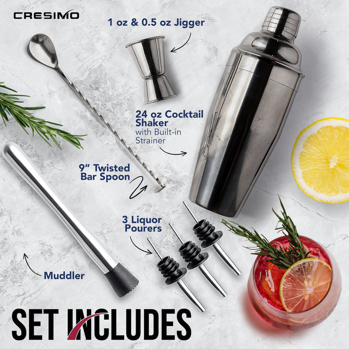 24 Oz Cocktail Shaker Set with Premium Drink Mixer Accessories: Drink Shaker with Strainer, Jigger, Twisted Bar Spoon, Muddler