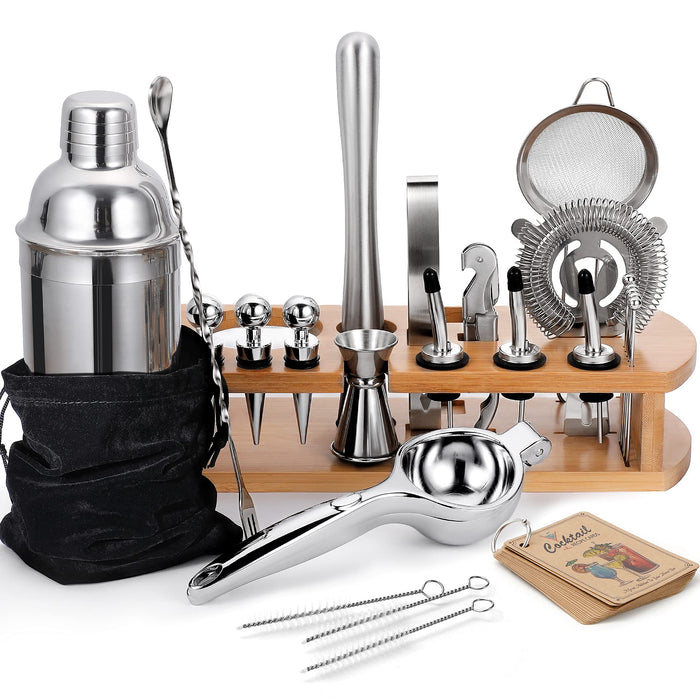 24-Piece Cocktail Shaker Bartenders Kit with Stand, 24 oz Martini Shaker, Mixing Spoon, Muddler, Measuring Jigger, Lemon Squeez