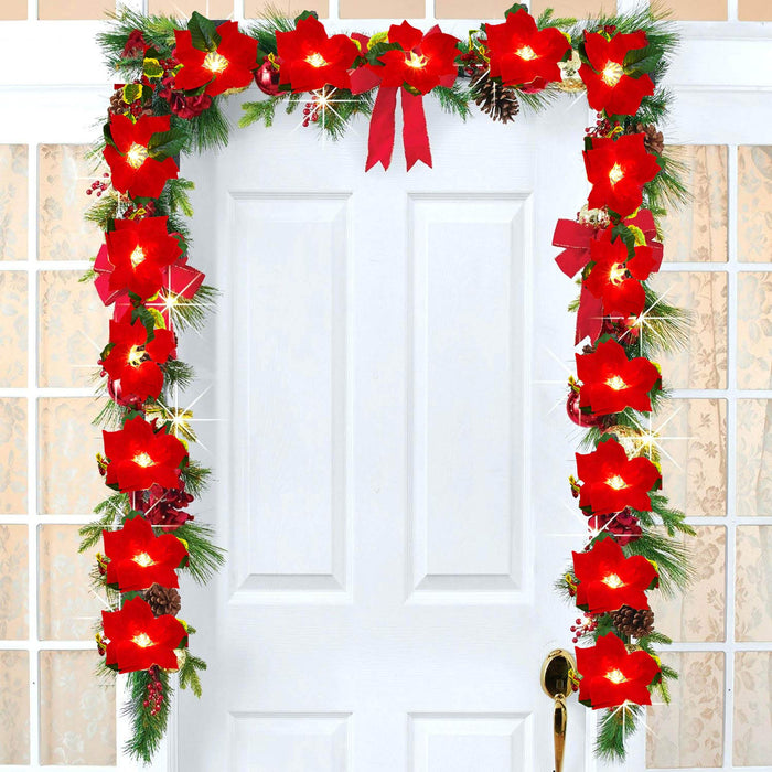 DearHouse 6.5Ft Lighted Poinsettia Christmas Garland with Red Berries and Holly Leaves, Pre-Lit Velvet Artificial Poinsettia Garland for Christmas Decoration, Battery Operated