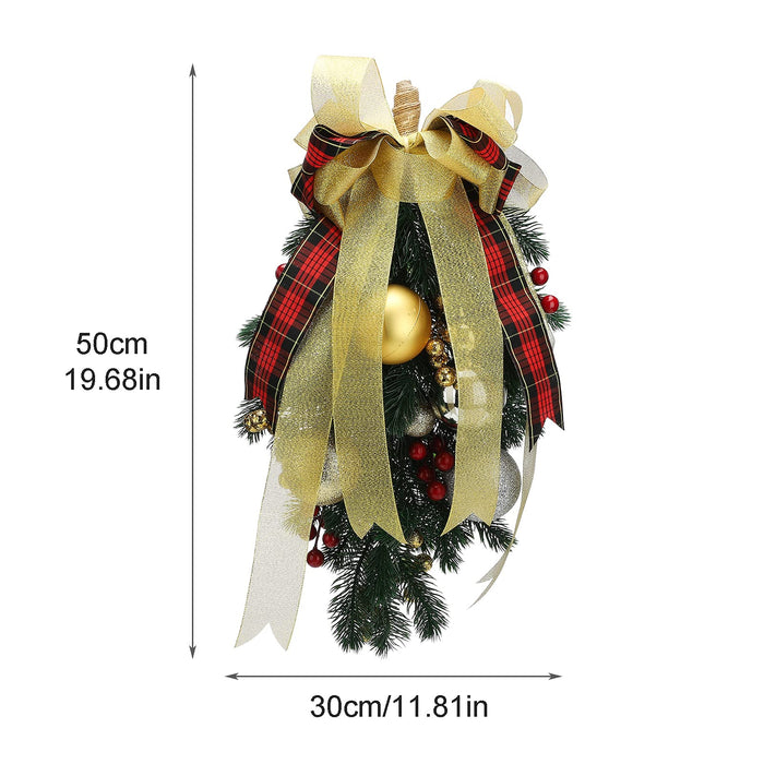 STOYRB Artificial Christmas Teardrop Swag, 1 Pcs Pine Needle Door Hanging Garland with Xmas Balls Ribbon for Holiday Wall Door Window Decor, Green, 11.81x19.68in