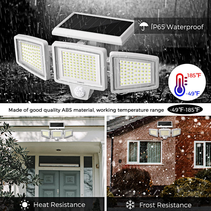 KERNOWO Solar Lights Outdoor, 210 LED 2500LM Solar Flood Security Lights with 25FT Motion Sensor IP65 Waterproof 3 Heads Spot Flood Wall Lights for Porch Garage Yard Entryways Patio (White, 2pcs)